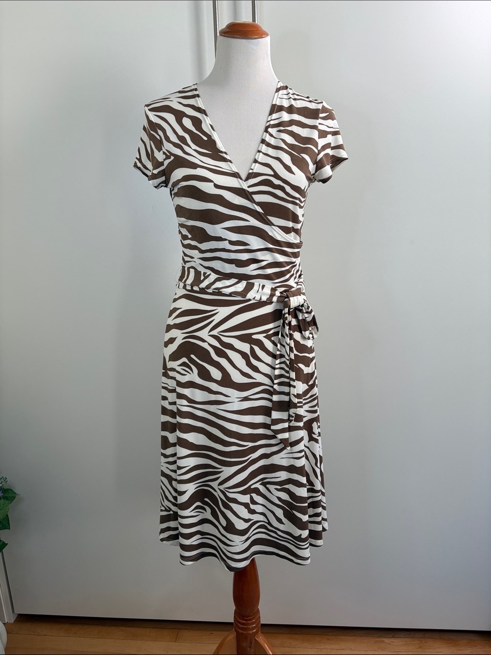Leota Brown and White Zebra Wrap Midi Dress M